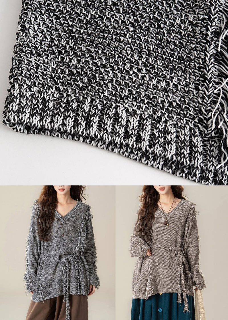 Loose Black V Neck Hole Cozy Knit Sweater Spring