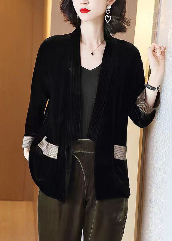 Loose Green V-neck Pockets Silk Velour Cardigans Bracelet Sleeve