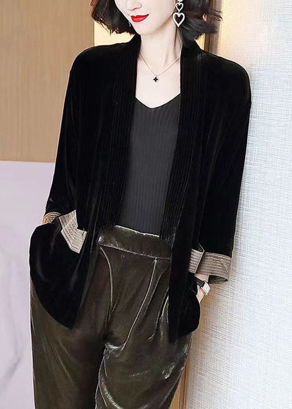 Loose Green V-neck Pockets Silk Velour Cardigans Bracelet Sleeve