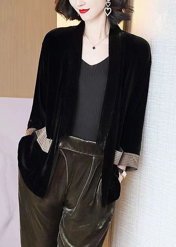 Loose Green V-neck Pockets Silk Velour Cardigans Bracelet Sleeve