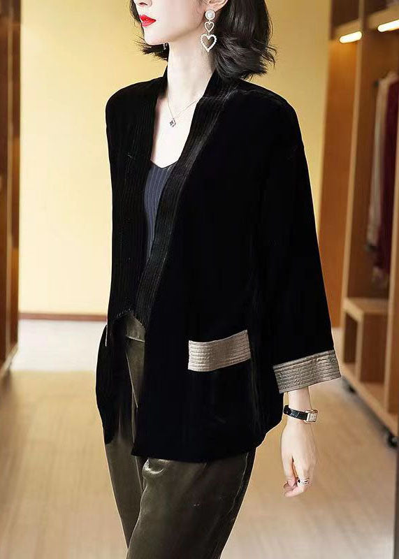 Loose Blue V-neck Pockets Silk Velour Cardigans Bracelet Sleeve