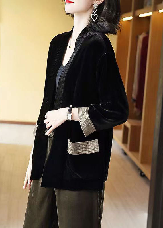 Loose Green V-neck Pockets Silk Velour Cardigans Bracelet Sleeve