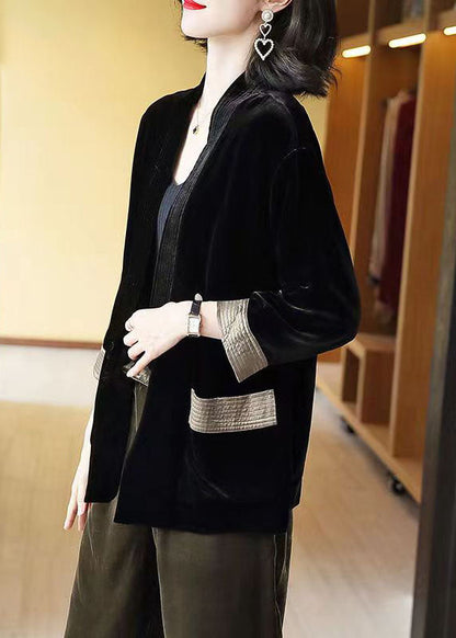 Loose Green V-neck Pockets Silk Velour Cardigans Bracelet Sleeve
