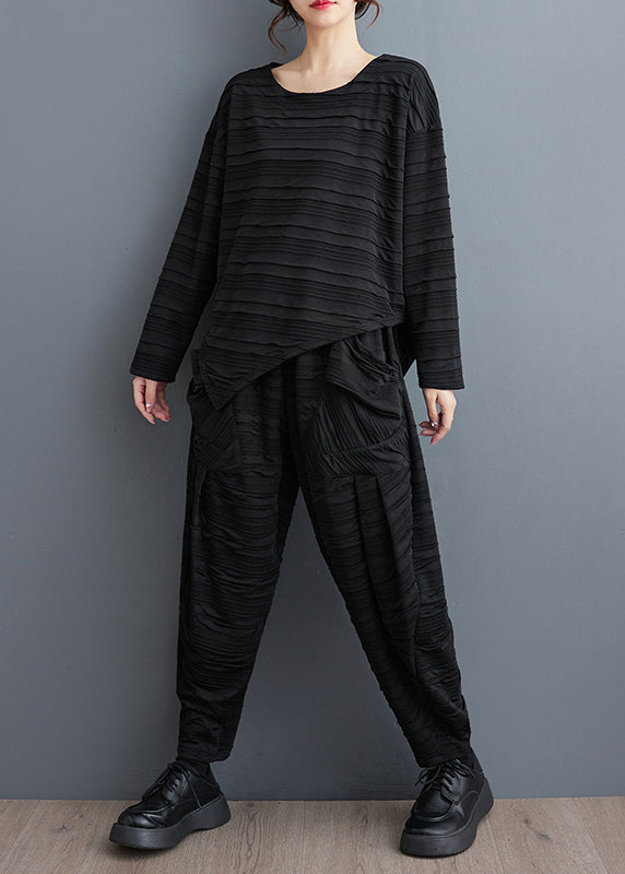 Loose Black Wrinkled Patchwork Tops and Harem Pants Cotton Two Pieces Set Fall