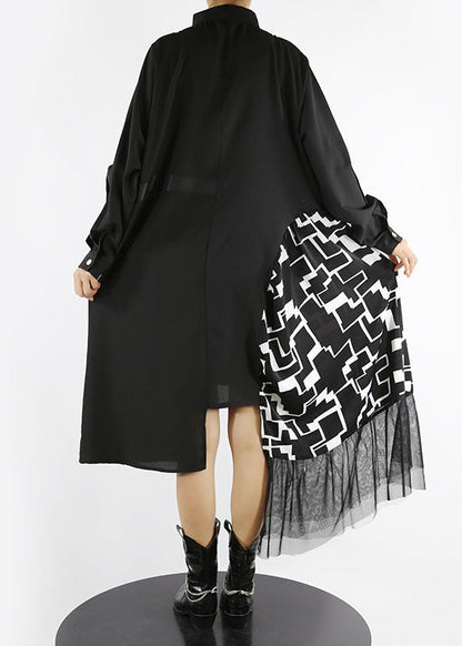 Loose Black Button Asymmetrical Design Peter Pan Collar Patchwork Shirt Dresses Spring