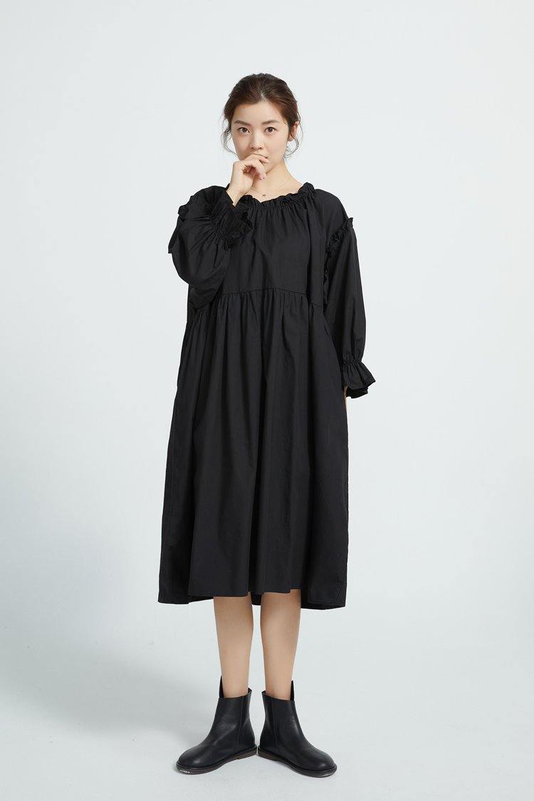 Loose Black Cotton Tunics High Waist Loose Dress