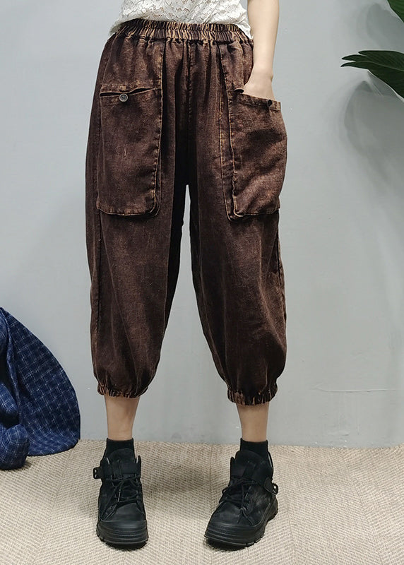 Loose Black Elastic Waist Pockets Linen Pants Spring