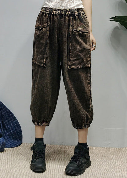 Loose Black Elastic Waist Pockets Linen Pants Spring
