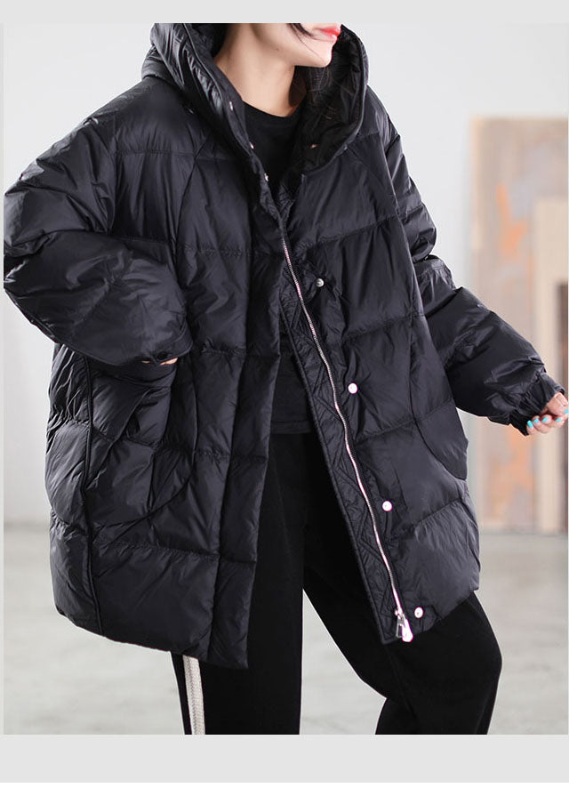 Loose Black Wrinkled Pockets Drawstring Duck Down Down Jacket Winter