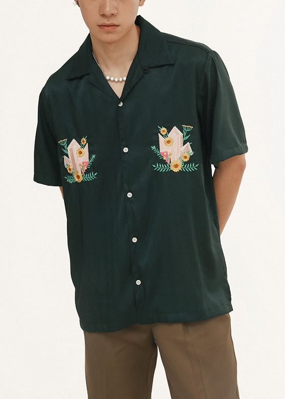 Loose Blackish Green Embroideried Button Cotton Shirts Summer