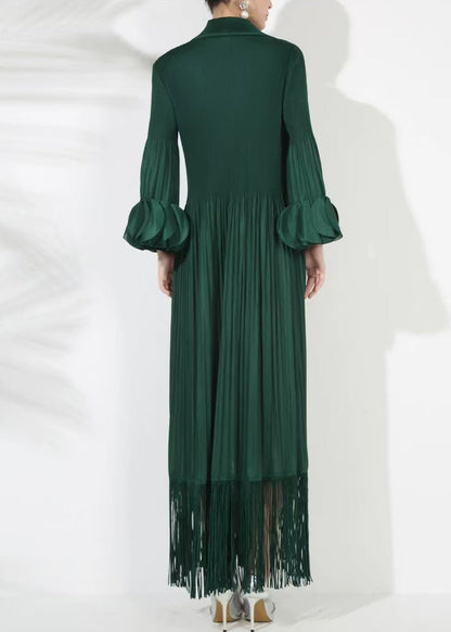Loose Blackish Green Wrinkled Cotton Long Dress Petal Sleeve