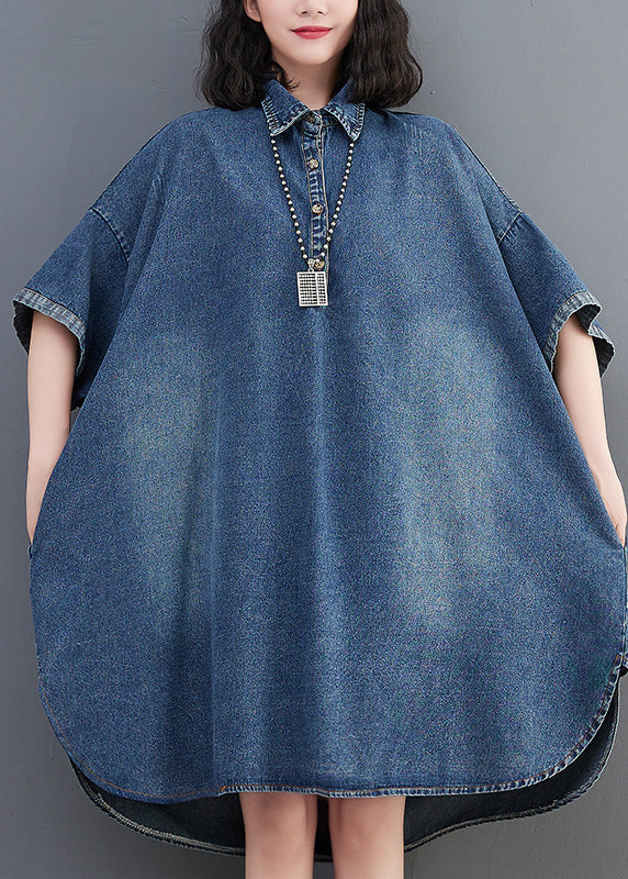 Loose Blue-little Flower Button Side Open Maxi Denim Dress Summer