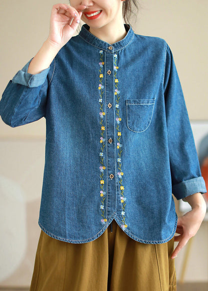Loose Blue Embroidered Button Denim Shirts Long Sleeve