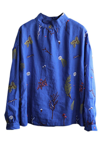 Loose Blue Embroideried Linen Shirt Long Sleeve