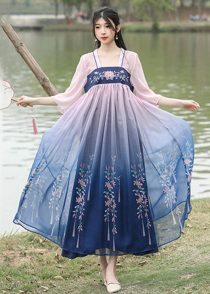 Loose Blue Embroideried Wrinkled Patchwork Chiffon Long Dresses Summer
