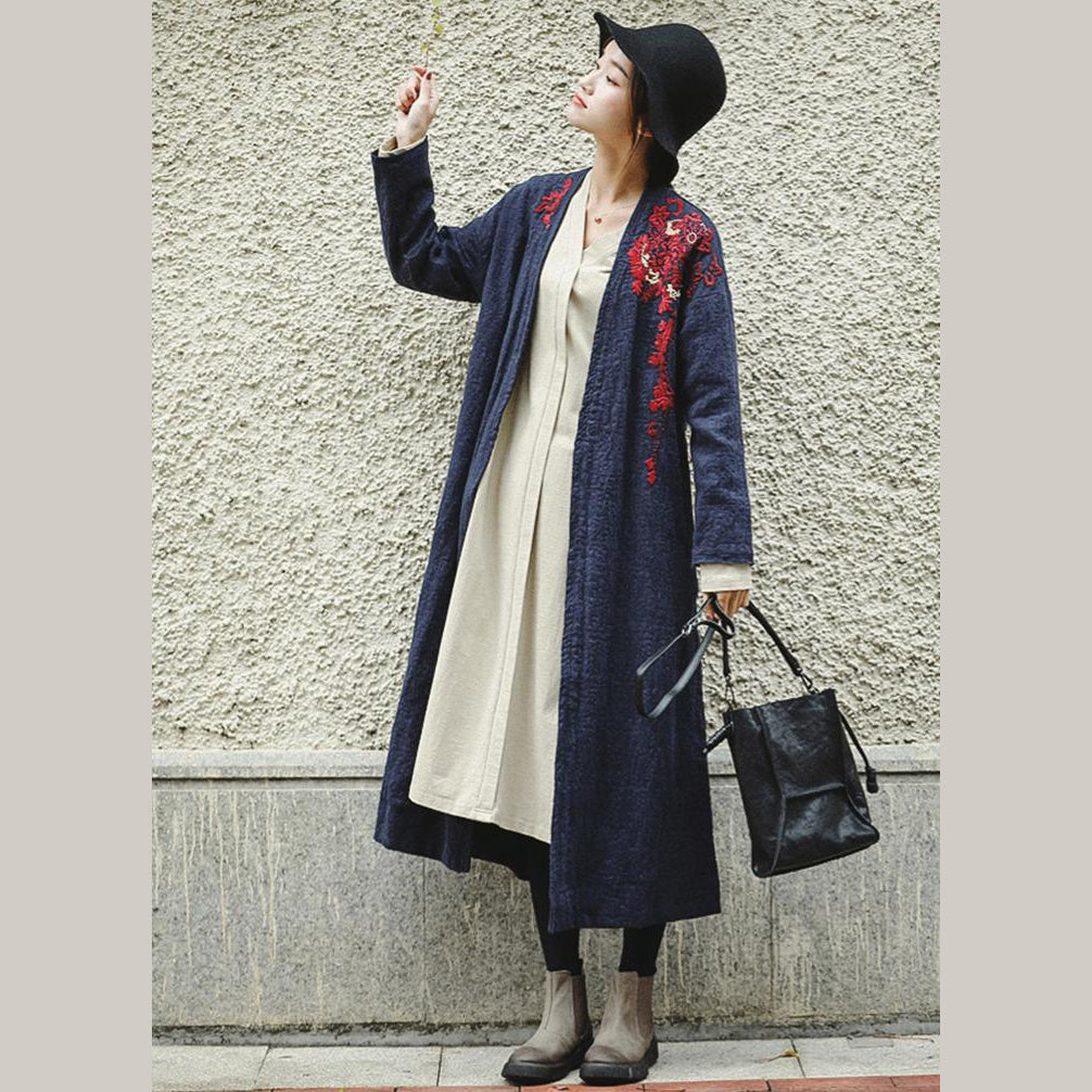 Loose Blue Embroidery Long Side Open Cotton Linen Coat for