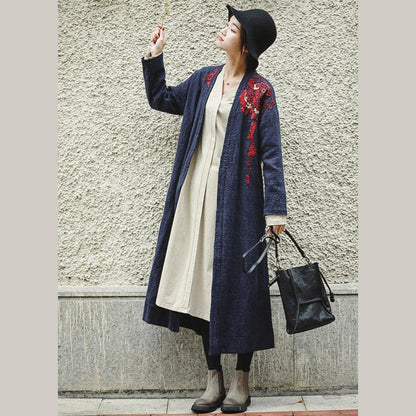 Loose Blue Embroidery Long Side Open Cotton Linen Coat for