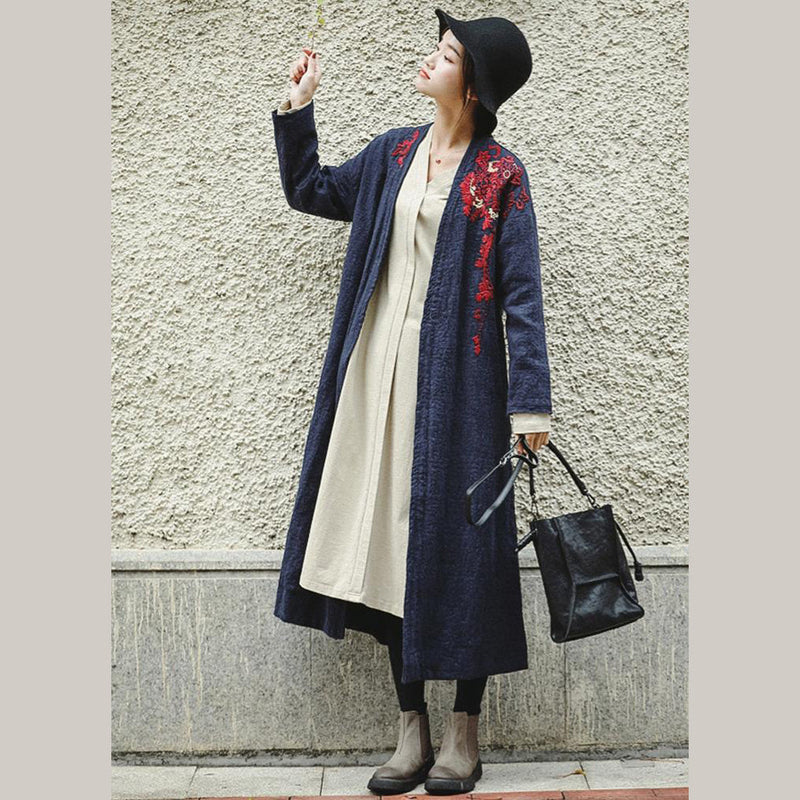Loose Blue Embroidery Long Side Open Cotton Linen Coat for