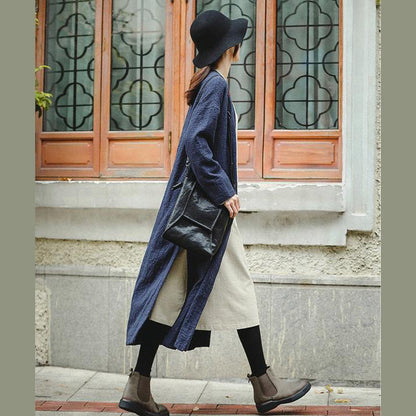 Loose Blue Embroidery Long Side Open Cotton Linen Coat for