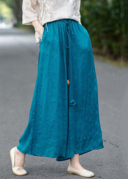 Loose Blue Lace Up Elastic Waist Cotton Wide Leg Pants Summer