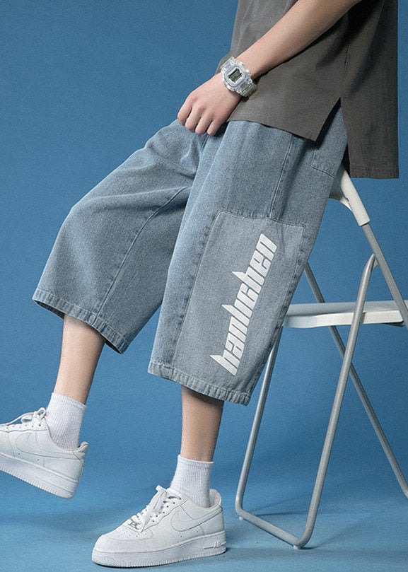 Loose Blue Letter Patchwork Denim Crop Pants Summer