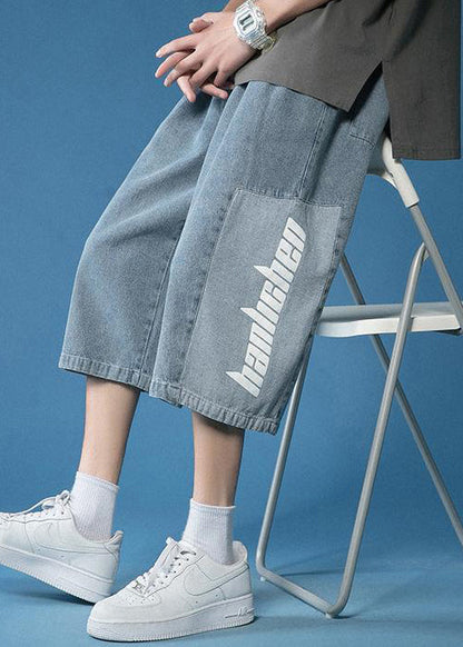Loose Blue Letter Patchwork Denim Crop Pants Summer