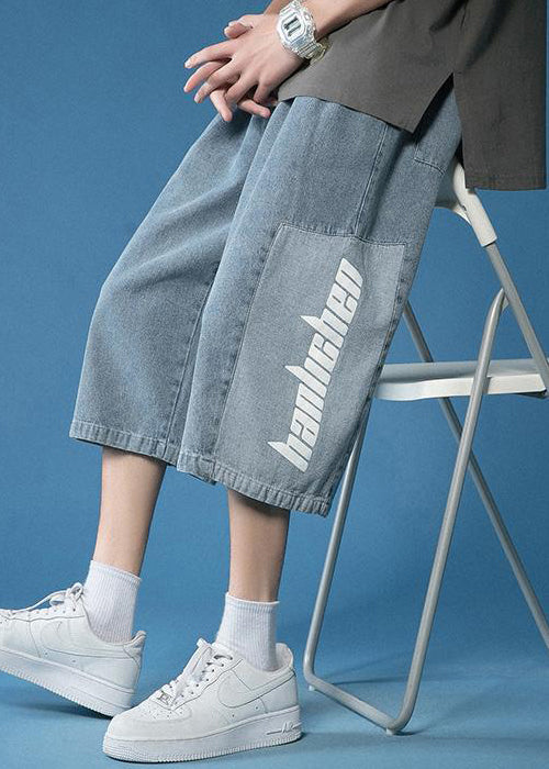 Loose Blue Letter Patchwork Denim Crop Pants Summer