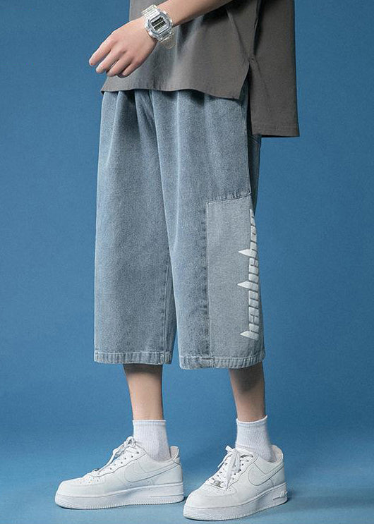 Loose Blue Letter Patchwork Denim Crop Pants Summer