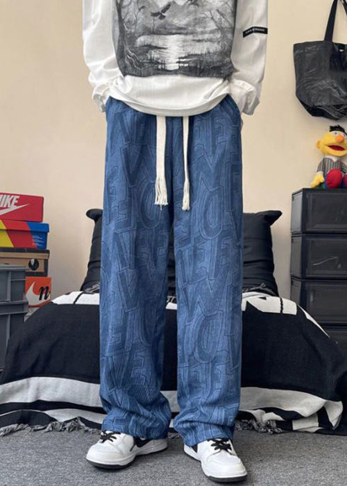 Loose Blue Letter Pockets Elastic Waist Corduroy Pants Fall
