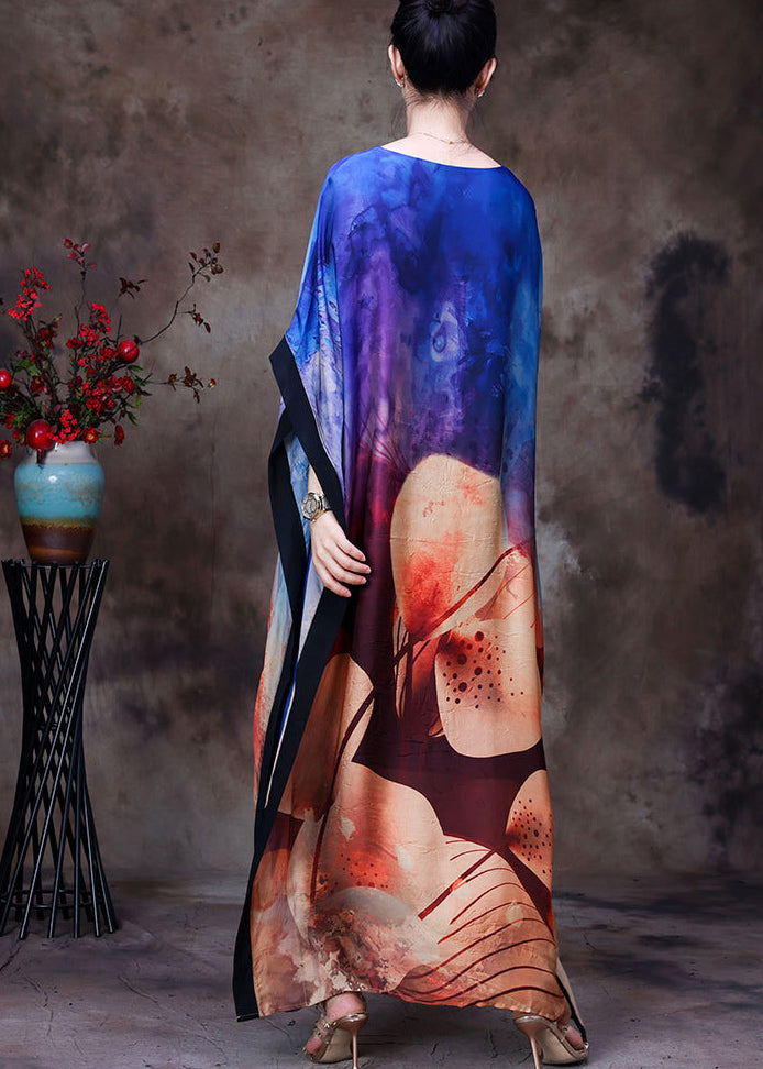 Loose Blue O-neck Asymmetrical Print Silk Vacation Dress for Batwing Sleeve
