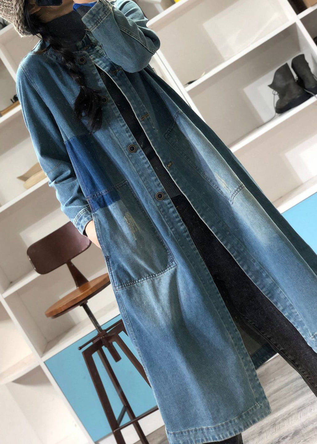 Loose Blue O-neck Button Patchwork Denim Coat Outwear Spring