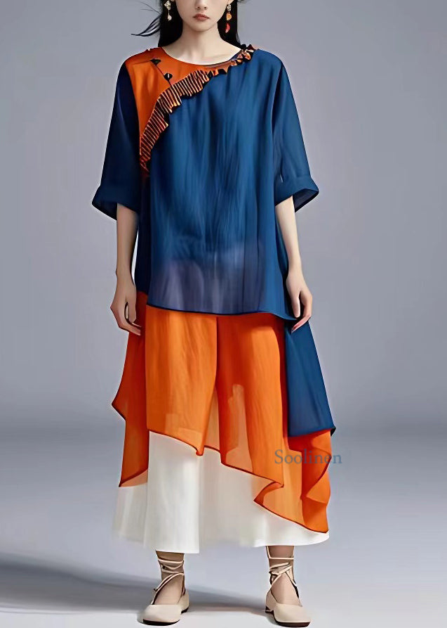 Loose Blue O-neck Patchwork Chiffon Long Dress Summer