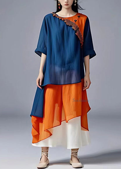 Loose Blue O-neck Patchwork Chiffon Long Dress Summer