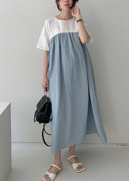 Loose Blue O-neck Patchwork Maxi Dresses Summer