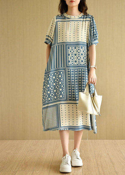 Loose Blue O-neck Print Summer Cotton Short Sleeve Dress
