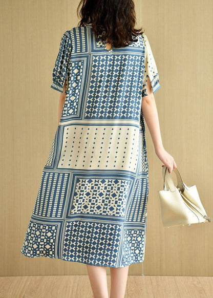 Loose Blue O-neck Print Summer Cotton Short Sleeve Dress