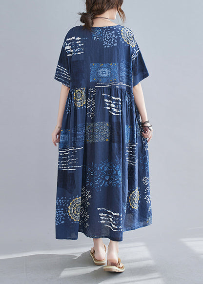 Loose Blue O-neck Print Wrinkled Beach Dress Short Sleeve