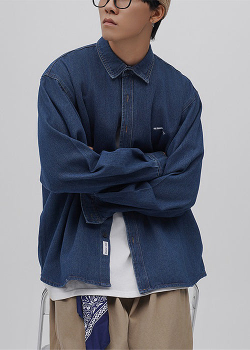 Loose Blue Peter Pan Collar Button Oversized Denim Men's Shirts Spring
