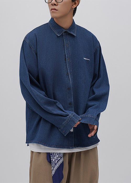 Loose Blue Peter Pan Collar Button Oversized Denim Men's Shirts Spring