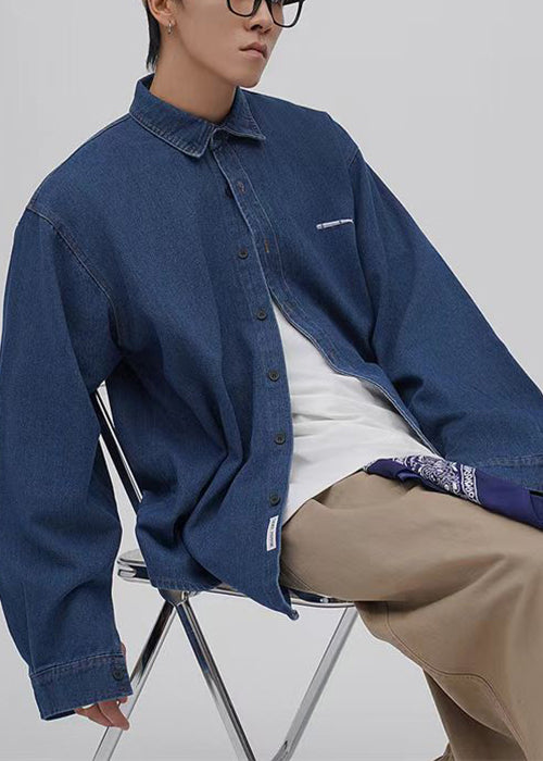 Loose Blue Peter Pan Collar Button Oversized Denim Shirts Spring