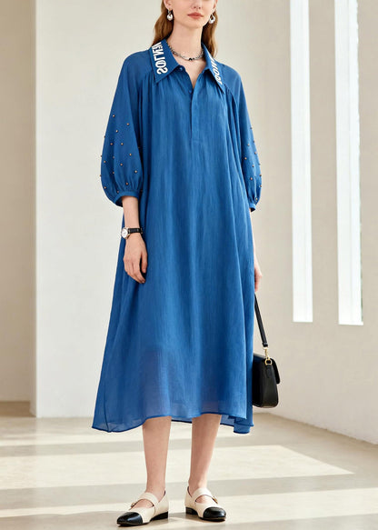 Loose Blue Peter Pan Collar Patchwork Chiffon Maxi Dress Lanter Sleeve