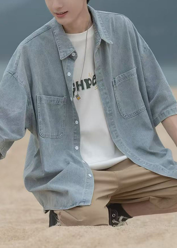 Loose Blue Peter Pan Collar Pockets Denim Shirts Spring
