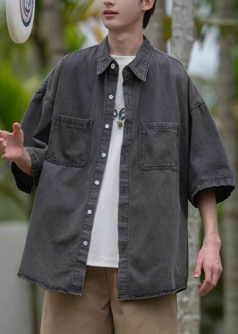 Loose Blue Peter Pan Collar Pockets Denim Shirts Spring