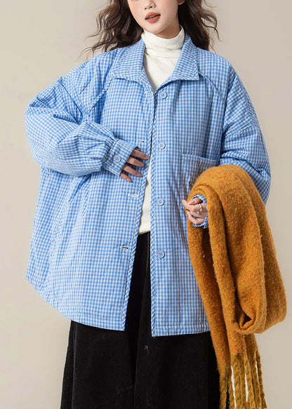 Loose Blue Peter Pan Collar Pockets Plaid Parkas Winter