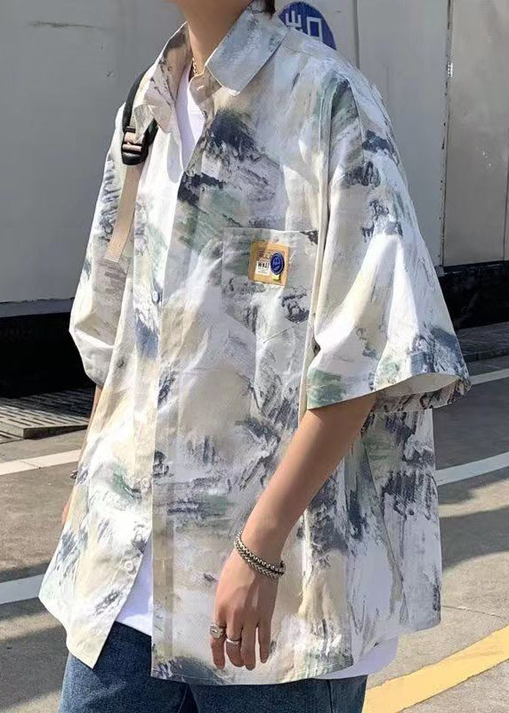 Loose Blue Peter Pan Collar Tie Dye Ice Silk Shirts Summer