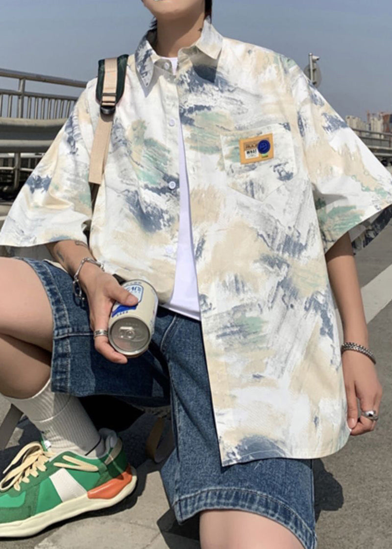 Loose Blue Peter Pan Collar Tie Dye Ice Silk Shirts Summer