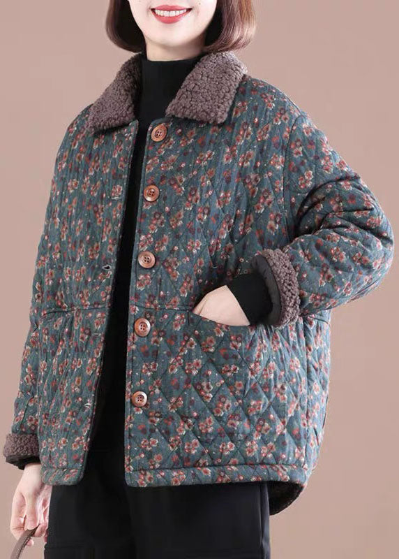 Loose Blue Peterpan Collar Print Warm Fleece Jacket Winter