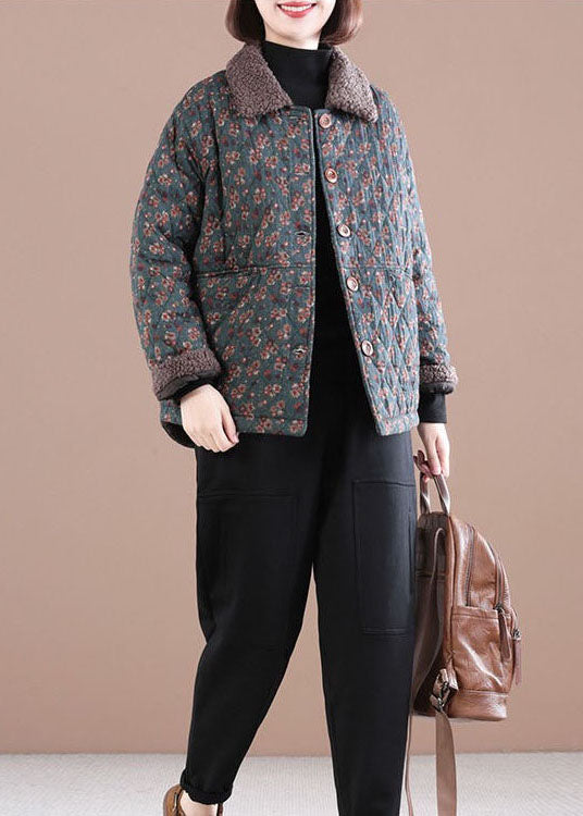 Loose Blue Peterpan Collar Print Warm Fleece Jacket Winter