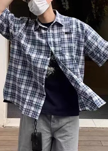 Loose Blue Plaid Button Cotton Shirts Summer