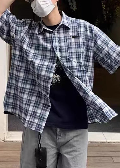 Loose Blue Plaid Button Cotton Shirts Summer